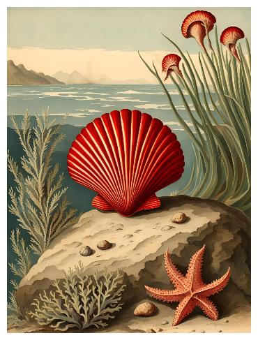 red scallop seashell seascape