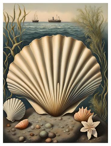 scallop sea shell seascape and boats